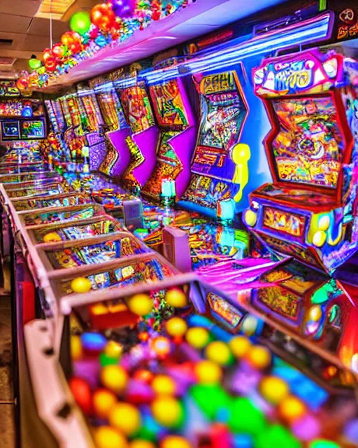 Image similar to crowded city made of arcade machines and buildings made of candy, cute elaborate epic robot, candy colors, pinball machine parts, symmetrical, bubbles everywhere, video game consoles, colored wires, translucent, clear parts, detailed by pokedstudio