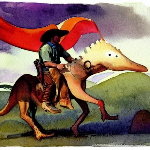 Image similar to a watercolor painting of a cowboy riding a dinosaur in the style of n. c. wyeth and in the style of james gurney.