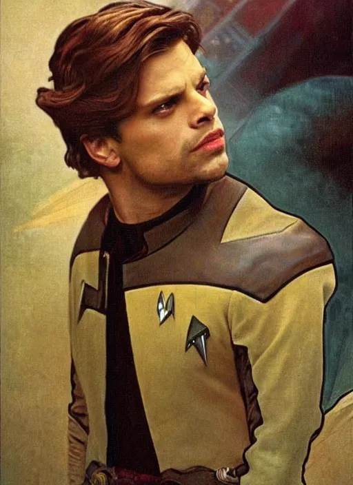 Image similar to sebastian stan as a star trek captain, a still from star trek painted by alphonse mucha. clear highly detailed face, beautiful sci fi art