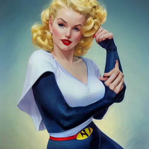 Image similar to a beautiful pin - up portrait of a beautiful cute superhero woman, blonde hair, matte navy - blue bodysuit, white cape, intricate, elegant, 8 k, highly detailed, digital painting, concept art, smooth, sharp focus, illustration, by norman rockwell and artgerm and loish and wlop and alphonse mucha