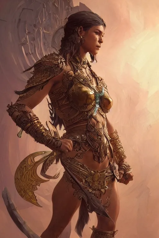 Image similar to a full body amazon warrior, D&D, fantasy, intricate, highly detailed, digital painting, artstation, concept art, smooth, sharp focus, illustration, art by artgerm and greg rutkowski and alphonse mucha