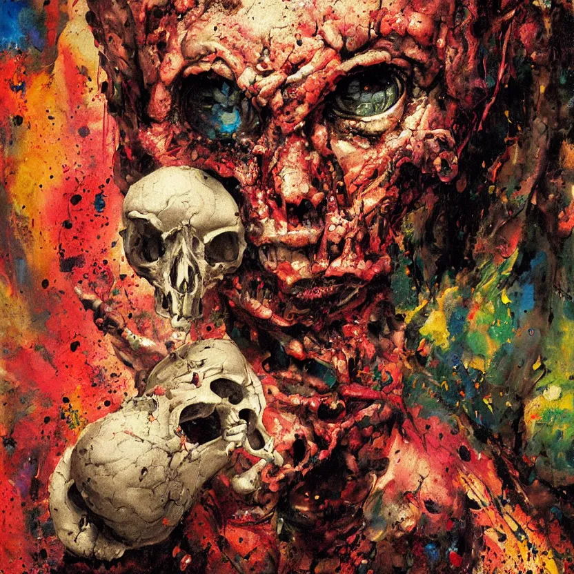 Prompt: close - up renaissance portrait of an alien man holding a colorful skull covered in splattered paint. big eyes, dark lighting. black background. highly detailed science - fiction painting by norman rockwell, moebius, frank frazetta, syd mead, donato giancola. rich colors, high contrast. artstation