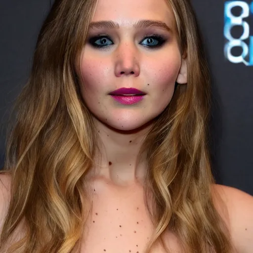 Image similar to a woman who is a genetic combination of jennifer lawrence and elizabeth olsen face and upper - body focus