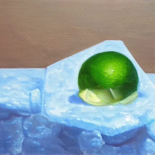 Image similar to oil painting of an ice cube in front of a slice of lime.