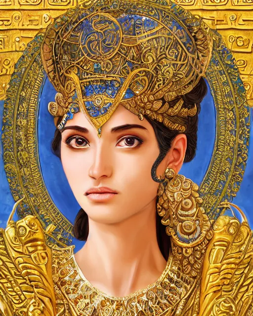 Prompt: Athena as a mesopotamian goddess of fertility, very detailed eyes, realistic eyes, , extremely beautiful, marvelous eyes, dawn, halo, flowers and plants, gold, intricated design, very detailed and rich clothing ,vivid color.digital 2D, painterly style, cinematic matte Illustration,trending on pixiv and artstation.Fantastic depth-of-field effect in Bacnground.Fine particles fluttering in the air. anime wallpaper，Sunlight on the face.by Wlop,Mika Pikazo，米山舞，Yoneyama Mai，Makoto Shinkai, VOFAN