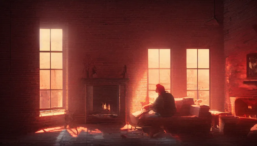 Image similar to old brick house, bright red light through the windows, black curtains, fireplace, old man watching through windows, hyperdetailed, artstation, cgsociety, 8 k