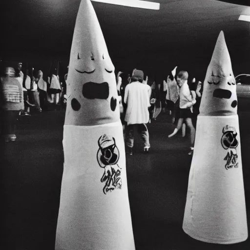 Image similar to conehead furry cult, 35mm grainy film photography