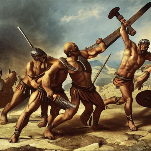 Prompt: Greek warriors from sparta fighting a radioactive monster