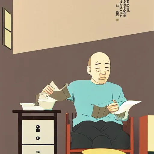 Prompt: old balding japanese man with white shirt, sitting on a chair and reading newspaper while looking at the ceiling of his room by studio ghibli, fujita goro, atey ghailan, tom whalen, jean giraud