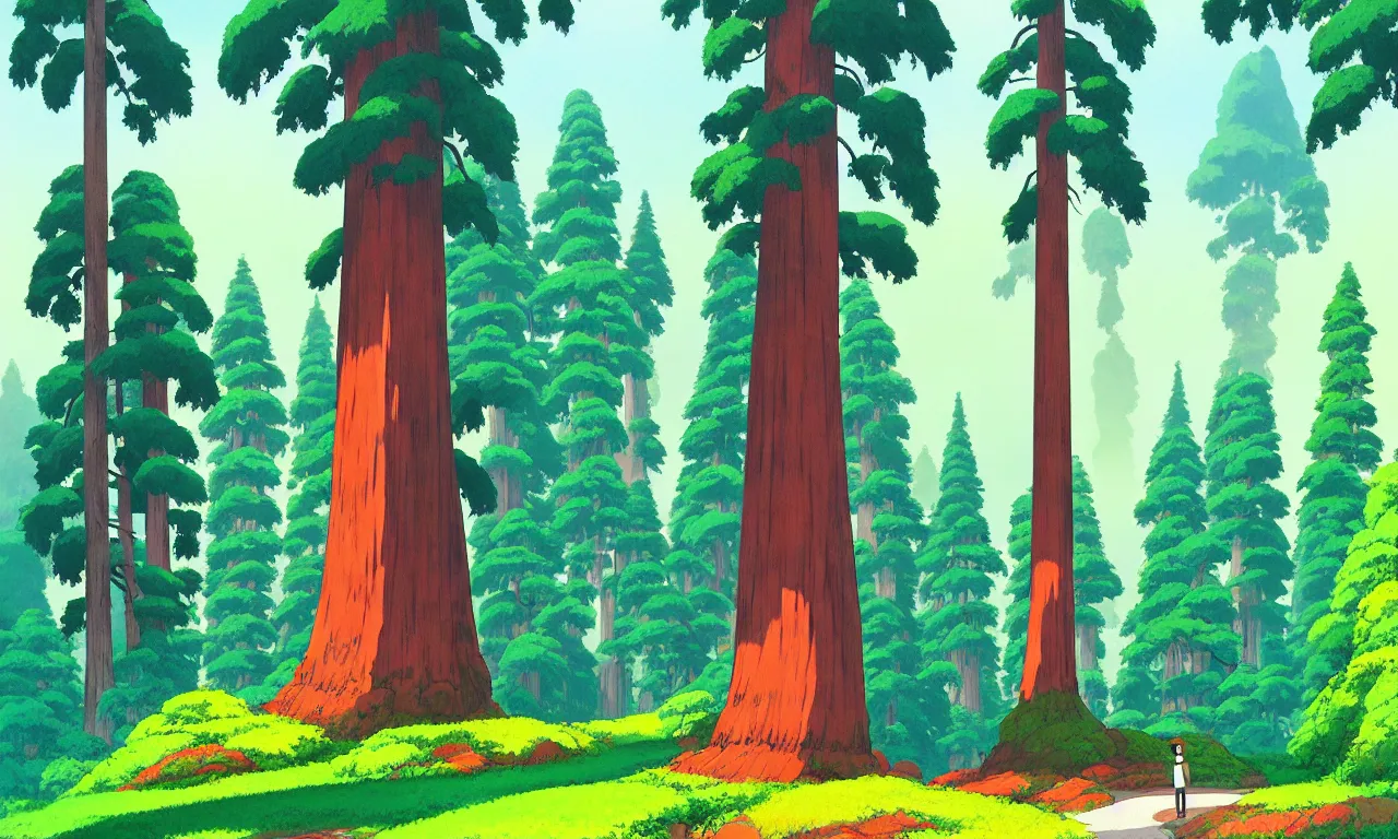 Image similar to Sequoia park in a colorful moutain with beautiful trees , no people, morning, by studio ghibli painting, superior quality, masterpiece, traditional Japanese colors, concept art