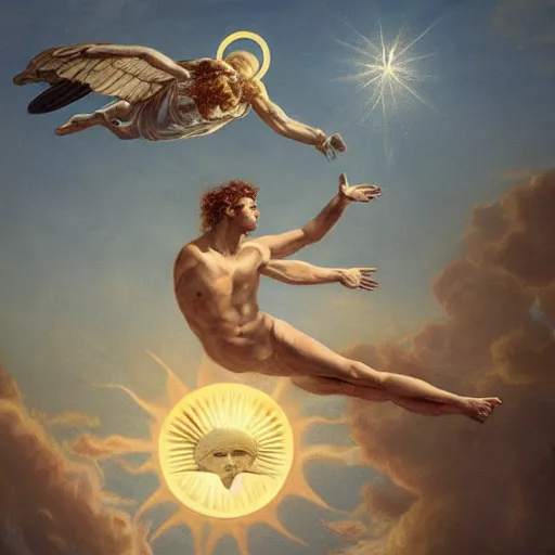 Image similar to icarus and sun, hyperrealistic