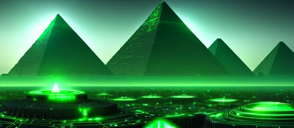 Image similar to the ethereal god of technology close shot the gift of green circuits to humanity. immaculate matte painting. fantastic. velvet and emerald. high key studio lighting. fractal dreams. ancient egypt, trending on artstation, cgsociety, ps 5, uhd 8 k cryengine