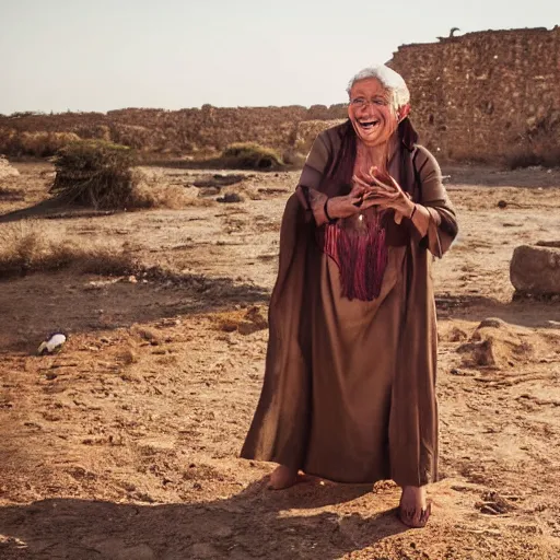 Prompt: dramatic film still of 80 year old Mediterranean skinned woman in ancient Canaanite clothing laughing, embarrassed, surprised, ancient interior tent background, Biblical epic directed by Steven Spielberg