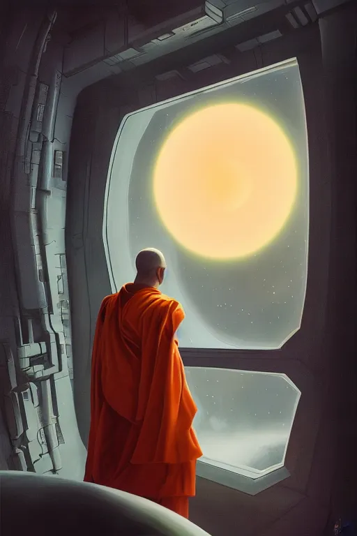Image similar to portrait of a monk in a spaceship, window, nebula, orange robe, dramatic lighting, artstation, matte painting, ralph mcquarrie