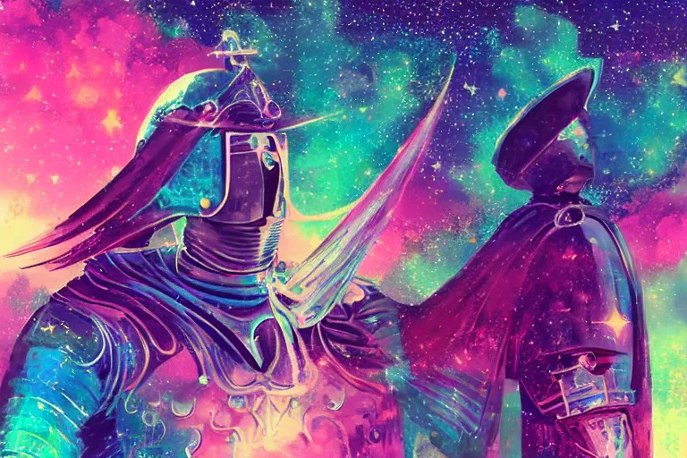 Image similar to digital art of a spiritual medieval knight looking up at the stars, acrylic art, universe, painting, pastel colors, synthwave, retro, cyberpunk,