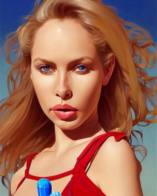 Prompt: portrait of a blonde fuller figured barbara bach from the bond film wearing a red strappy top and blue shorts and eating ice creams in porto, real life skin, intricate, elegant, highly detailed, artstation, concept art, smooth, sharp focus, art by artgerm and greg rutkowski and alphonse mucha