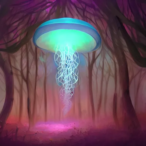 Image similar to a magical forest filled with floating glowing jellyfish, concept art, digital painting, deviantart, artstation