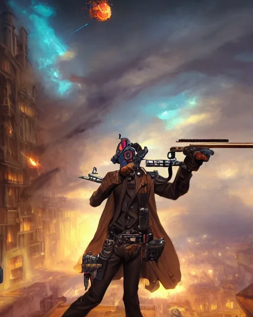 Image similar to oil painting of Anthropomorphized Owl Sniper, holding steampunk gun, sharp focus, exploding golden steampunk city background, full body, heroic pose, fantasy style, octane render, volumetric lighting, 8k high definition, by greg rutkowski, highly detailed, trending on art Station, magic the gathering artwork, centered, dramatic artwork, combat scene