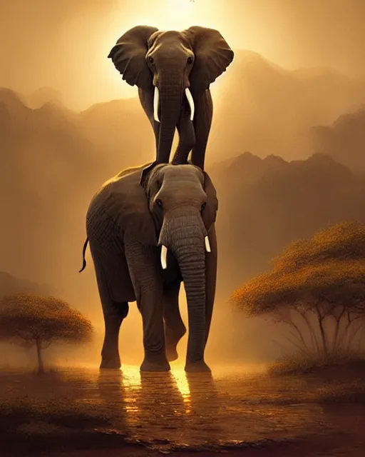 Prompt: elephant in africa painted in watercolor volumetric lighting, back lighting, rimlight, dramatic lighting, digital painting, highly detailed, artstation, sharp focus, illustration, Artgerm, Jean-Léon Gérôme , ruan jia