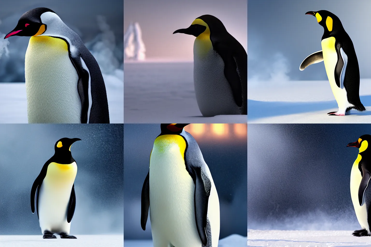 Image similar to ultra detailed octane render of an emperor penguin, volumetric lighting, post processing, after effects, smoke, shadows and natural lighting, dramatic pose, steam rising, snowy background, ultra high detail, ultra fine hair, ultra fine texture, hyper realistic,