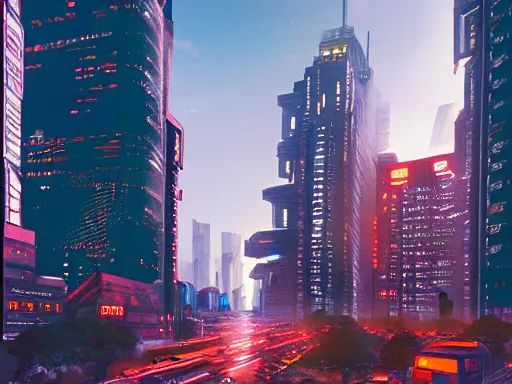 Image similar to a cinematic busy cyberpunk street in a mega city packed with flying vehicles, large mega corp buildings dominate the skyline at dusk by nick hiatt, unreal engine trending on artstation