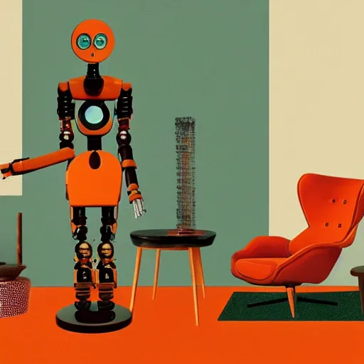 Prompt: photo of a robot maid in a mid century modern living room, burnt orange, olive green, earth tones, retro future, marcelline stoyke, eric joyner