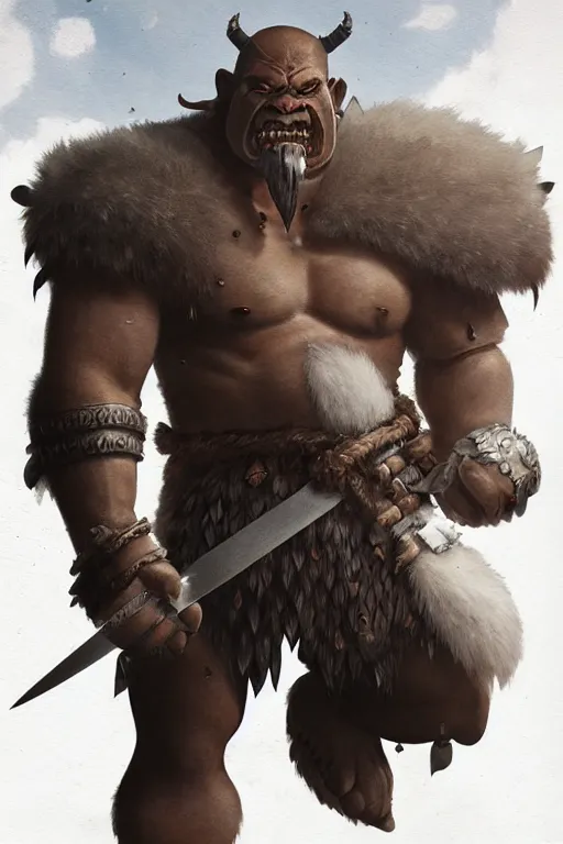 Image similar to orc barbarian wearing leather armor, full body shot, exquisite details, earth magic, mid view, design on a white background, by studio muti, greg rutkowski, makoto shinkai, takashi takeuchi, studio ghibli