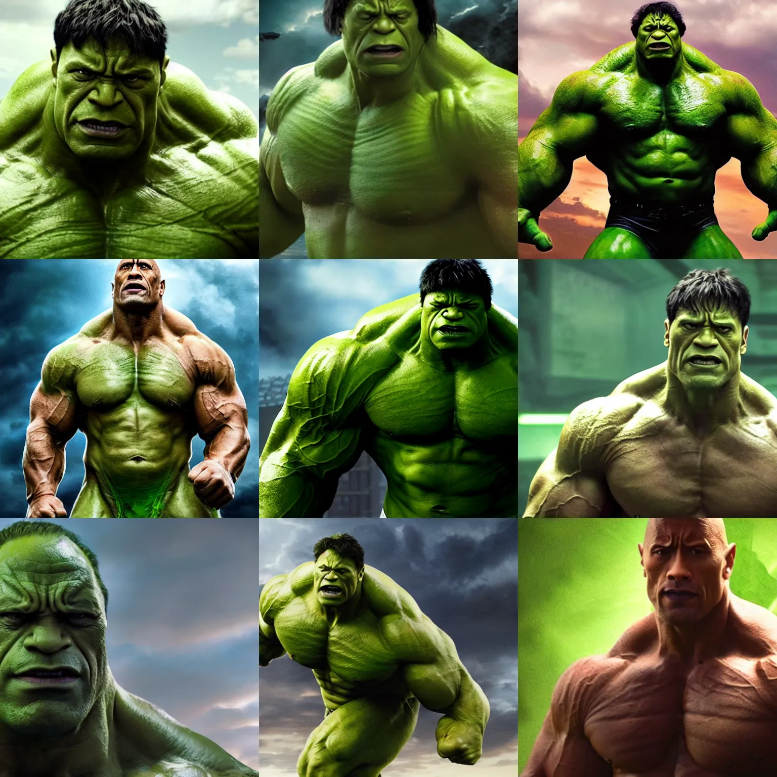 Prompt: dwayne johnson as hulk, marvel cinematic universe, mcu, 4 k, raw, unedited, green skin, symmetrical balance, in - frame