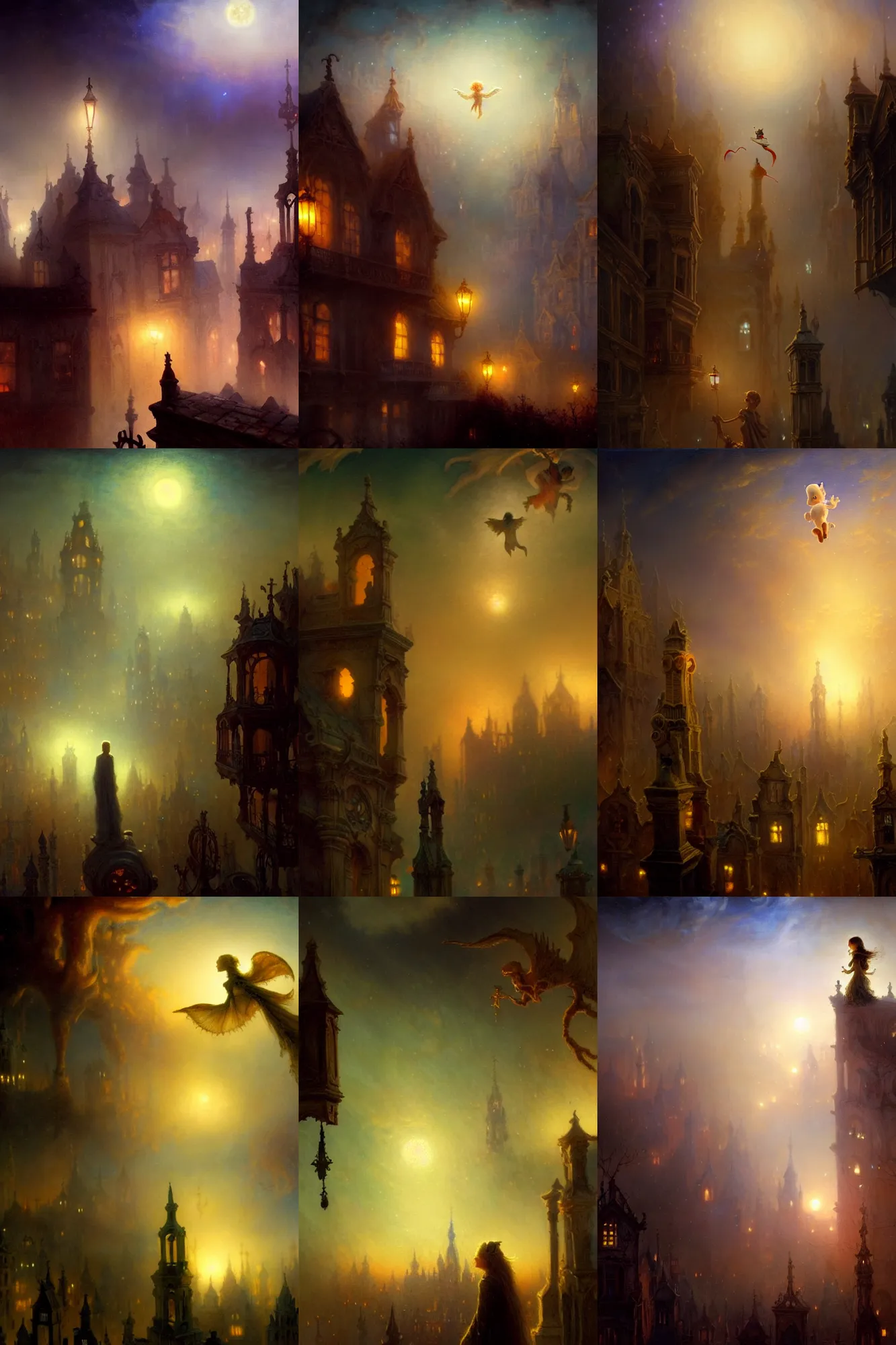 Prompt: close up of casper the friendly ghost flying over a city, looking at the graveyard at midnight, painted by gaston bussiere, very detailed and cute and cozy and transparent, backlight, fog, mist, many glowing ghosts and a haunted house in the background, trending on artstation, award winning illustration
