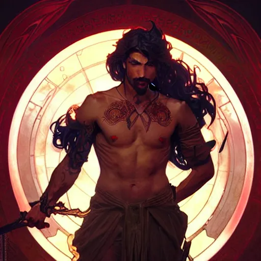 Image similar to attractive male deity, casting dark magic, summoning handsome lucifer morningstar, highly detailed painting by artgerm and greg rutkowski and alphonse mucha