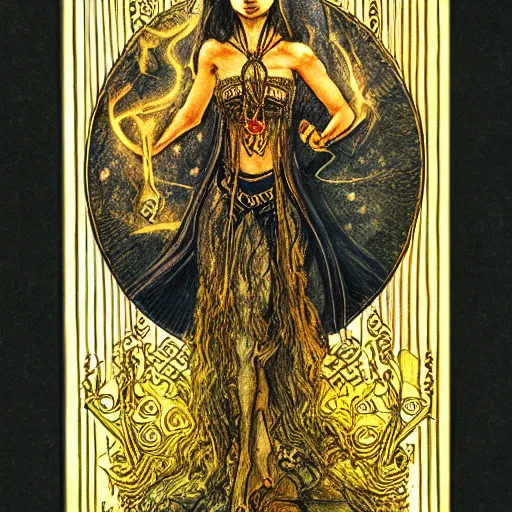 Prompt: a tarot card of an evil dark beautiful gypsy of the endtimes, performing a dark summoning spell, casting a spell, thick ornate golden border on edge, by brian froud, strong line, night color, high contrast