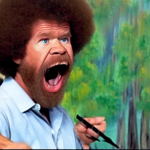 Image similar to insanely angry bob ross screaming at painting mistake