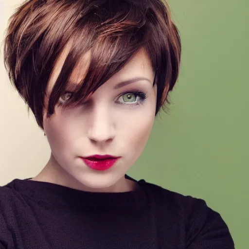 Image similar to brunette woman, short hair, flipped hairstyle, bright green eyes