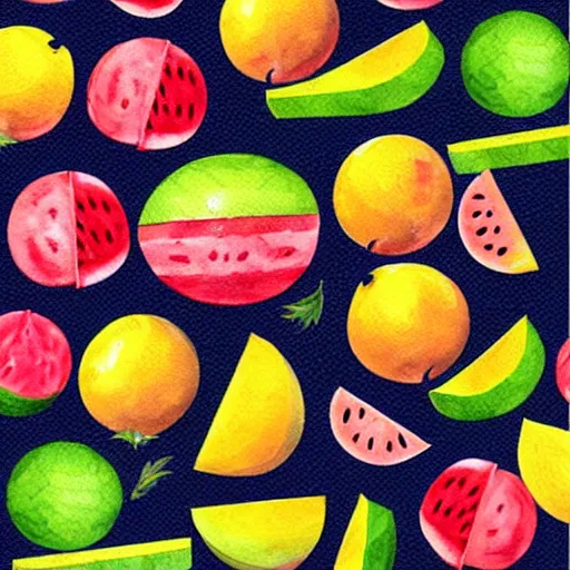 Image similar to hd retro illustration of watermelons and lemons, inspired by watercolor painting masterpieces