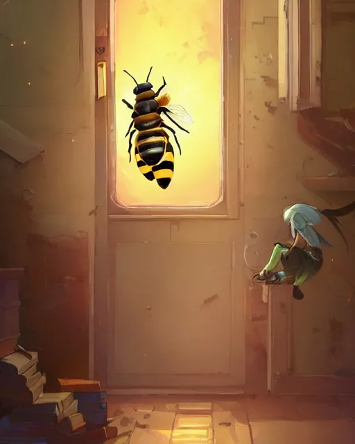 Image similar to a humanoid bee standing in his home in front of the door behance hd artstation by jesper ejsing, by rhads, makoto shinkai and lois van baarle, ilya kuvshinov, ossdraws, that looks like it is from borderlands and by feng zhu and loish and laurie greasley, victo ngai, andreas rocha