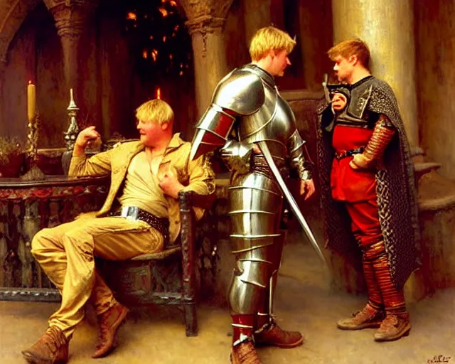 Image similar to arthur pendragon flirting wit his knight. the knight is also flirting back, highly detailed painting by gaston bussiere, craig mullins, j. c. leyendecker