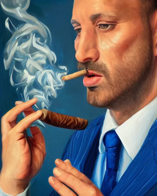 Image similar to Hyper realistic oil portrait of a man in his thirties smoking a cigar, dressed in a blue suit, by Mosh Art, trending on artstation