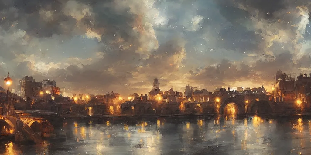 Image similar to stunning landscape painting of an city from 1 7 0 0 with stars in the sky by krenz cushart