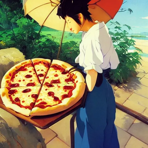 Prompt: a Delicious pizza, by studio ghibli painting, by Joaquin Sorolla rhads Leyendecker, An aesthetically pleasing, dynamic, energetic, lively, well-designed digital art of a pizza, overlaid with aizome patterns, by Ohara Koson and Thomas Kinkade, traditional Japanese colors, superior quality, masterpiece
