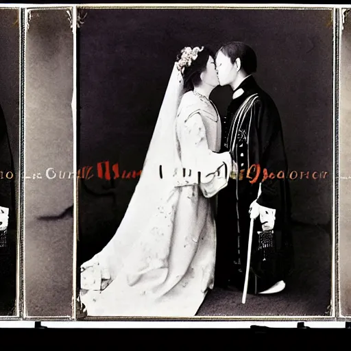 Prompt: An extreme long shot wide shot, colored black and white Russian and Japanese mix historical fantasy photographic portrait of a Royal wedding of the empress and the emperor share a tender kiss, golden hour, warm lighting, 1907 photo from the official wedding photographer for the royal wedding. n- 6