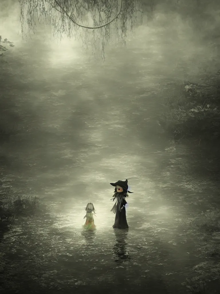 Image similar to cute fumo plush girl witch standing in reflective murky ghastly river water, otherworldly gothic horror maiden in tattered cloth, hazy heavy swirling murky volumetric fog and smoke, moonglow, lens flare, vray