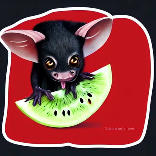 Image similar to cute kawaii realistic fruit bat eats a watermelon piece, digital art, high quality, illustration, art, detailed, 3 d render, by sydney hanson, sticker,