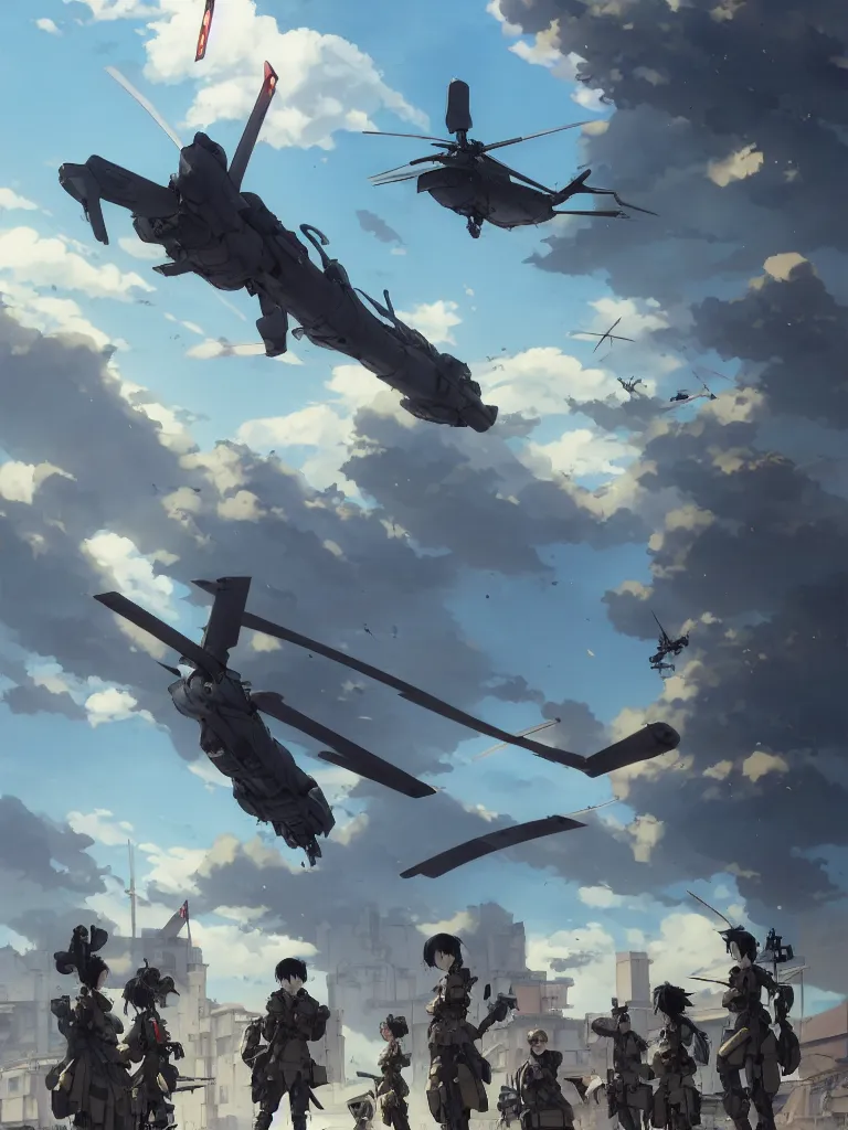 Image similar to Epic scene of a beautiful anime soldier standing in front of a cyborg repair shop, while a futuristic military helicopter flies overhead, by Greg Rutkowski and Krenz Cushart and Pan_Ren_Wei and Hongkun_st and Bo Chen and Enze Fu and WLOP and Alex Chow, Madhouse Inc., anime style, crepuscular rays, set in rainy futuristic cyberpunk Tokyo street, dapped light, dark fantasy, cgsociety, trending on artstation