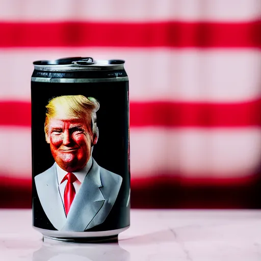 Image similar to a dslr photograph of a can of diet coke with donald trump's face on it, 8 5 mm f 2