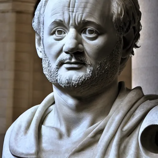 Image similar to bill murray as a marmor statue by michelangelo, church background