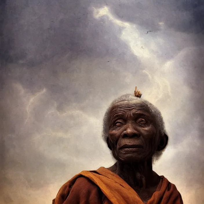 Prompt: a painting of a wise elder from Africa by Leonardo da Vinci . dramatic angle, ethereal lights, details, smooth, sharp focus, illustration, realistic, cinematic, artstation, award winning, rgb , unreal engine, octane render, cinematic light, macro, depth of field, blur, red light and clouds from the back, highly detailed epic cinematic concept art CG render made in Maya, Blender and Photoshop, octane render, excellent composition, dynamic dramatic cinematic lighting, aesthetic, very inspirational, arthouse.