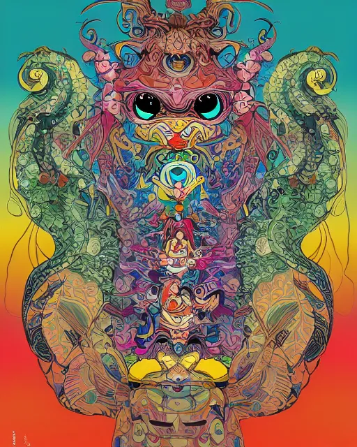 Image similar to bicameral humanoid mythical beast, fantastical, cute, and beautiful hybrid of different animals, a humorous psychedelic creature concept design by Moebius, Studio Ghibli, in the style of Takashi Murakami, symmetrical 4K