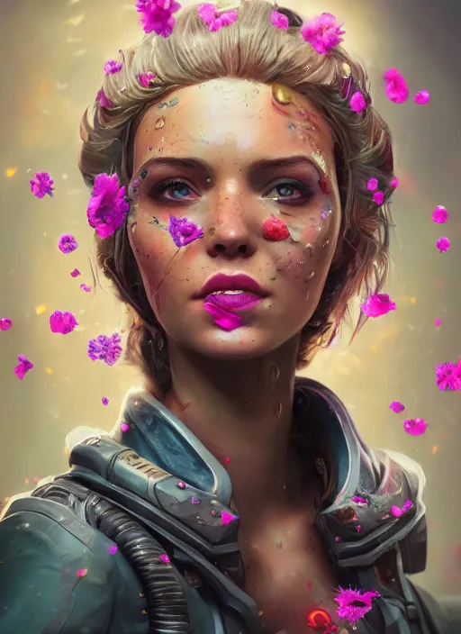 Prompt: An epic fantastic realism comic book style portrait painting of the most beautiful woman in the universe, flowers rain everywhere, fisheye lens, Apex Legends Concept Art, porcelain, unreal 5, DAZ, hyperrealistic, octane render, cosplay, RPG portrait, dynamic lighting