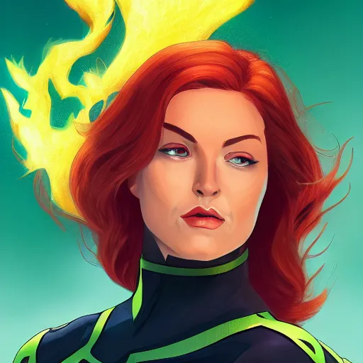 Image similar to jean grey, a full body portrait of jean grey, green eyes, red hair, phoenix rising, flames, flying, comic, x - men, highly detailed, artstation, deviantart, symetry, digital painting, vivid colors, realistic shaded perfect face, volumetric lighting, atmospheric, sharp focus, moody, in the style of alex ross, 8 k