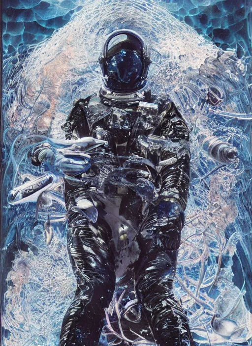 Prompt: astronauts in dark and empty void underwater poster - complex and hyperdetailed technical suit. go pro selfie. reflection and dispersion materials. rays and dispersion of light. volumetric light. wide lens, f / 3 2. noise film photo. flash photography. poster by wayne barlowe, hajime sorayama aaron horkey, craig mullins